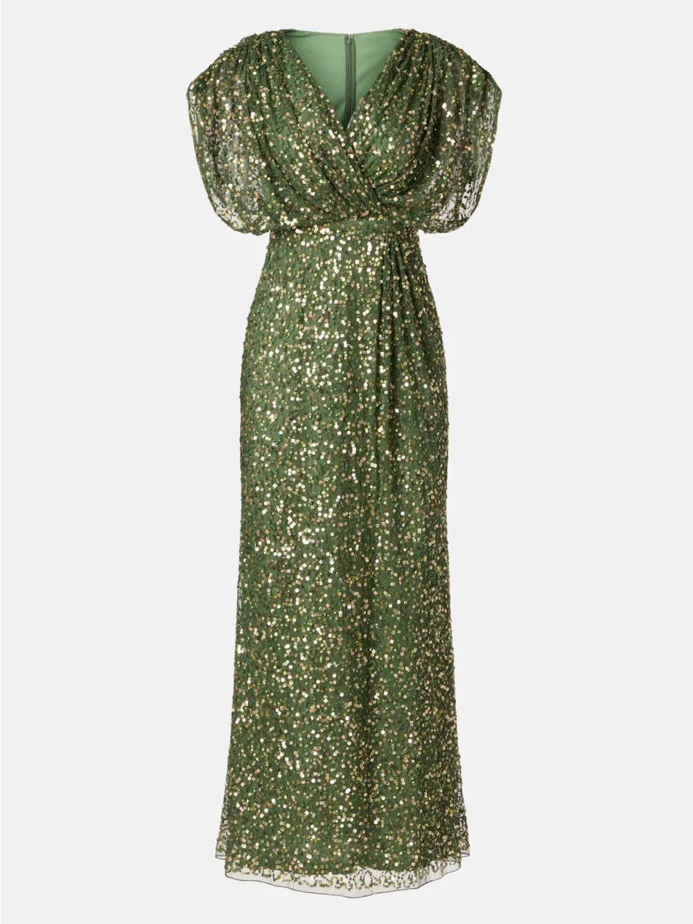 Ieena for Mac Duggal Draped Sleeve Sequin Green Gown, size 4, Grecian Mermaid